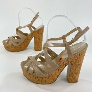 NEW Nude Patent Leather Strappy Platform Chunky Heels 9 70s Retro Sexy Hot Girl